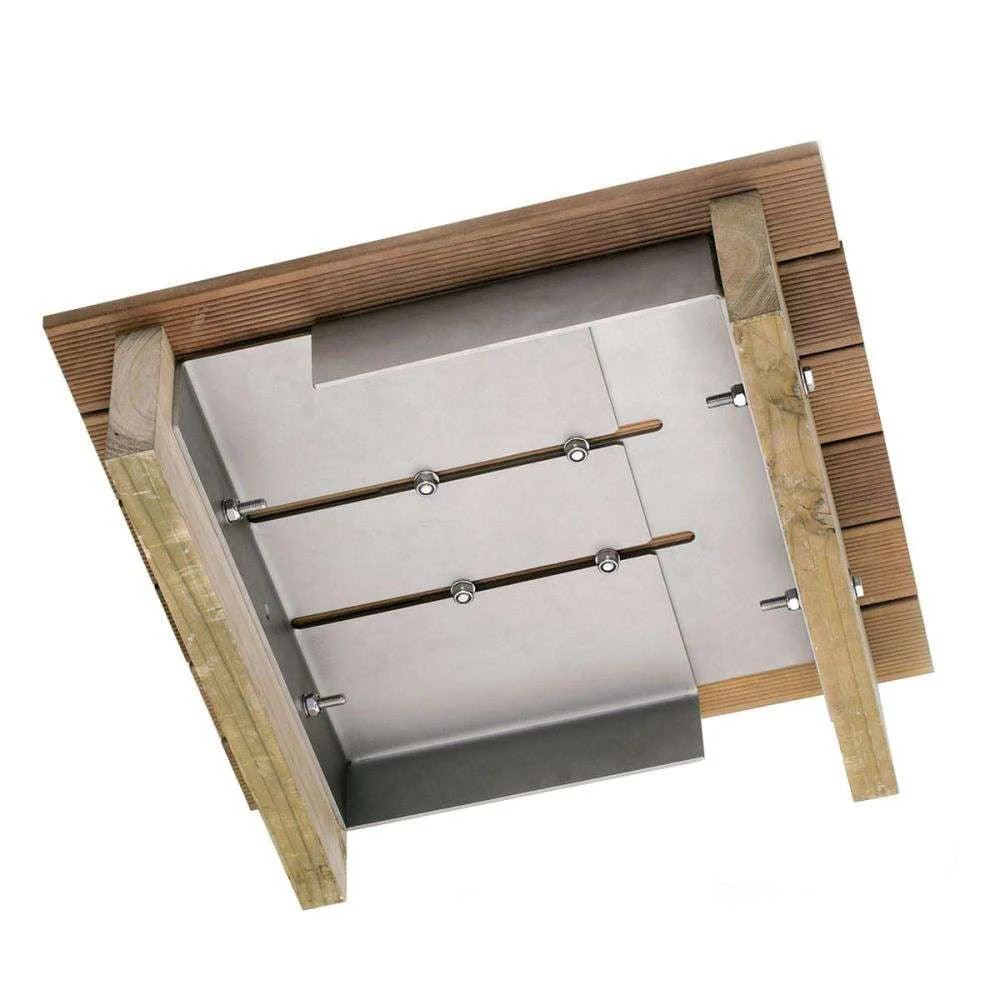 A square outdoor deck umbrella cover with a natural brown wood frame and a silver metal inner canopy, shown on a plain white background.