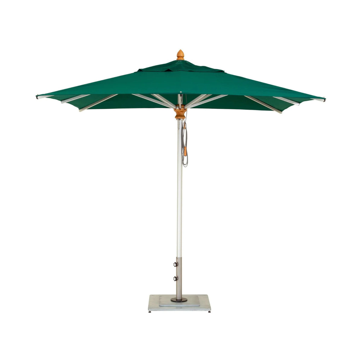 A green patio umbrella with a white pole and base, shown open against a plain white background.