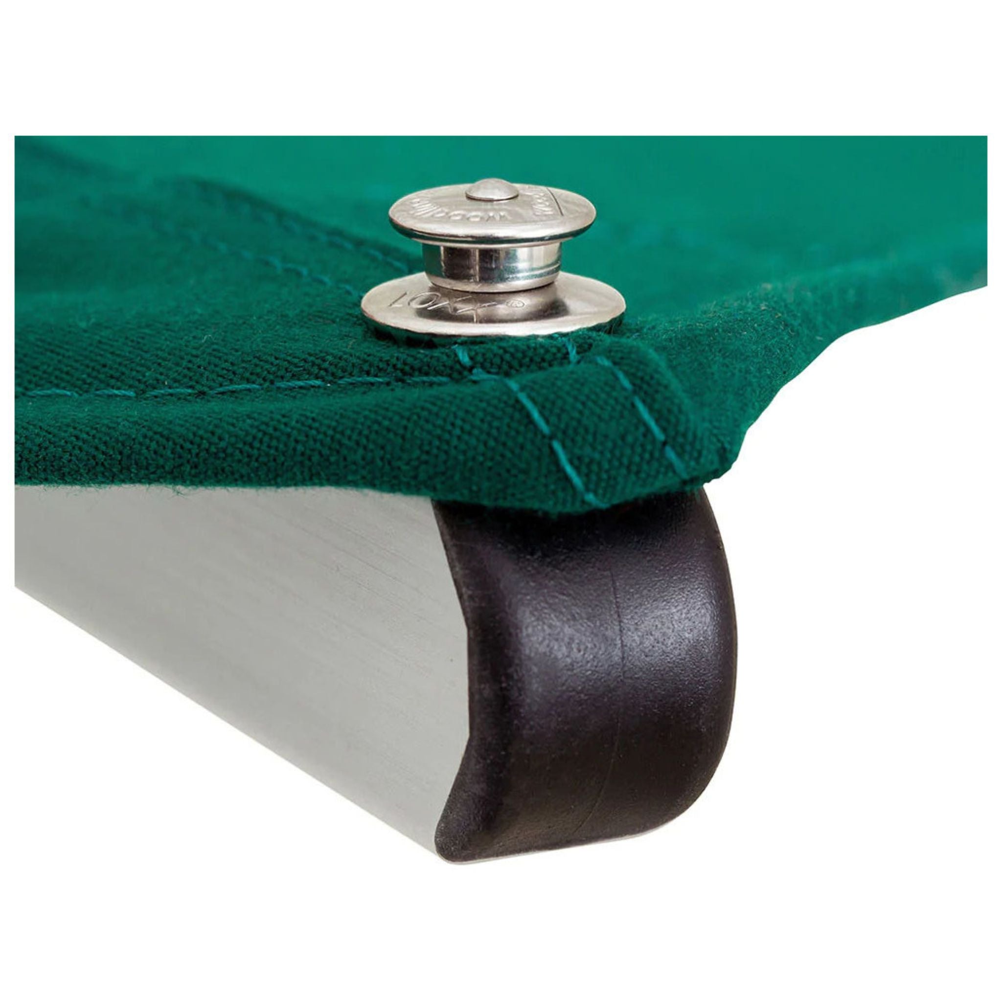 Close-up of a green canvas or fabric corner with a metal grommet and a dark brown leather or faux-leather corner protector attached to a silver metal frame, on a white background.