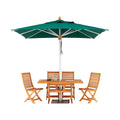 An outdoor patio set featuring a green square umbrella, a rectangular wooden table, and four matching wooden folding chairs on a plain white background.