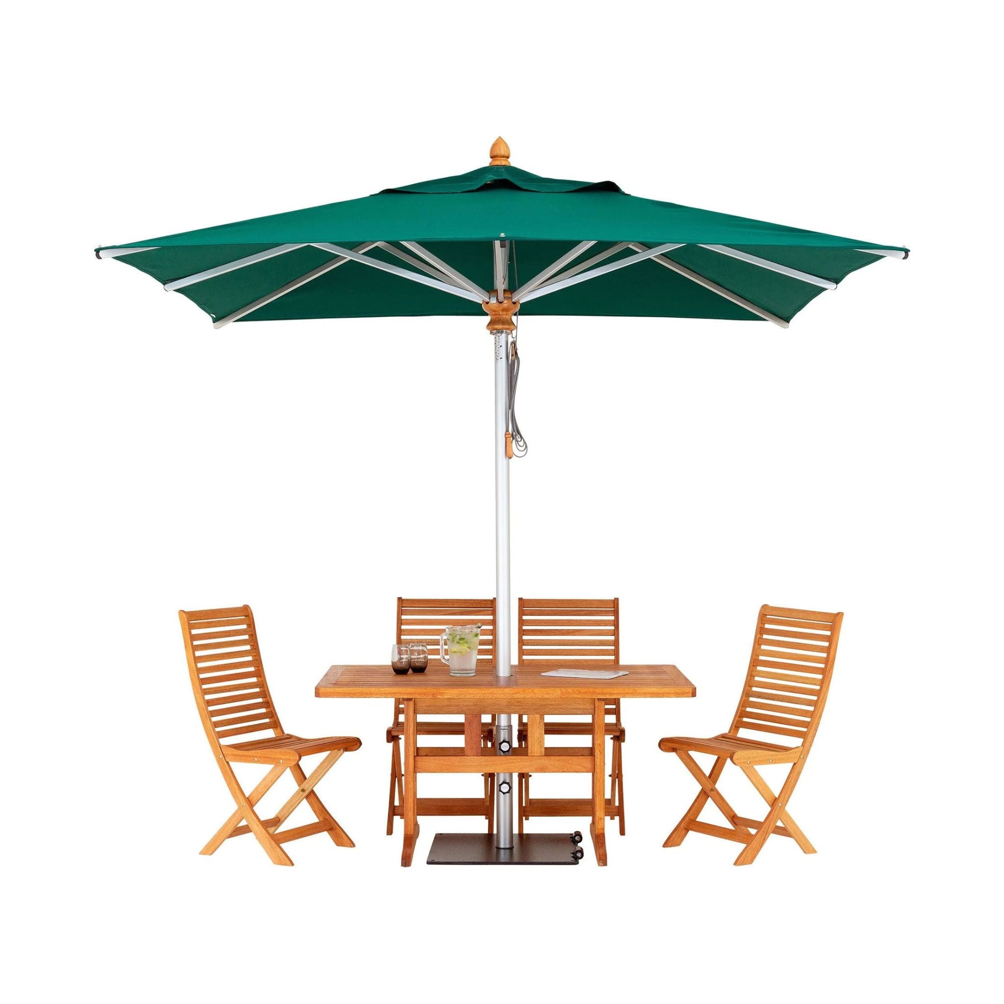 An outdoor patio set featuring a green square umbrella, a rectangular wooden table, and four matching wooden folding chairs on a plain white background.