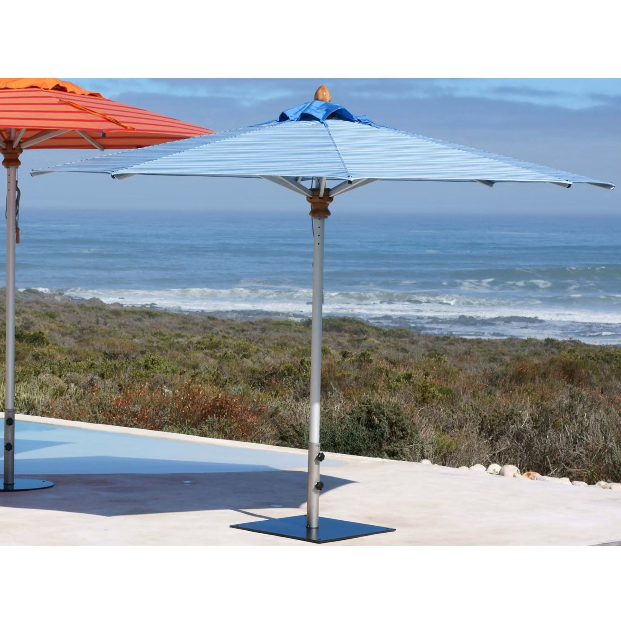 blue patio umbrella silver pole California 9' Round Aluminum Market Umbrella, Crank Lift, Collar Tilt, White Pole, Royal Olefin : Umbrellas : Patio, Lawn & Garden This heavy duty 9 foot commercial grade umbrella by California Umbrella offers all the features a residential or commercial owner demands Woodline Shade Solutions Bravura Aluminum