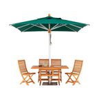 Teak outdoor dining set with a square table, four folding chairs, and a green patio umbrella on a white background.