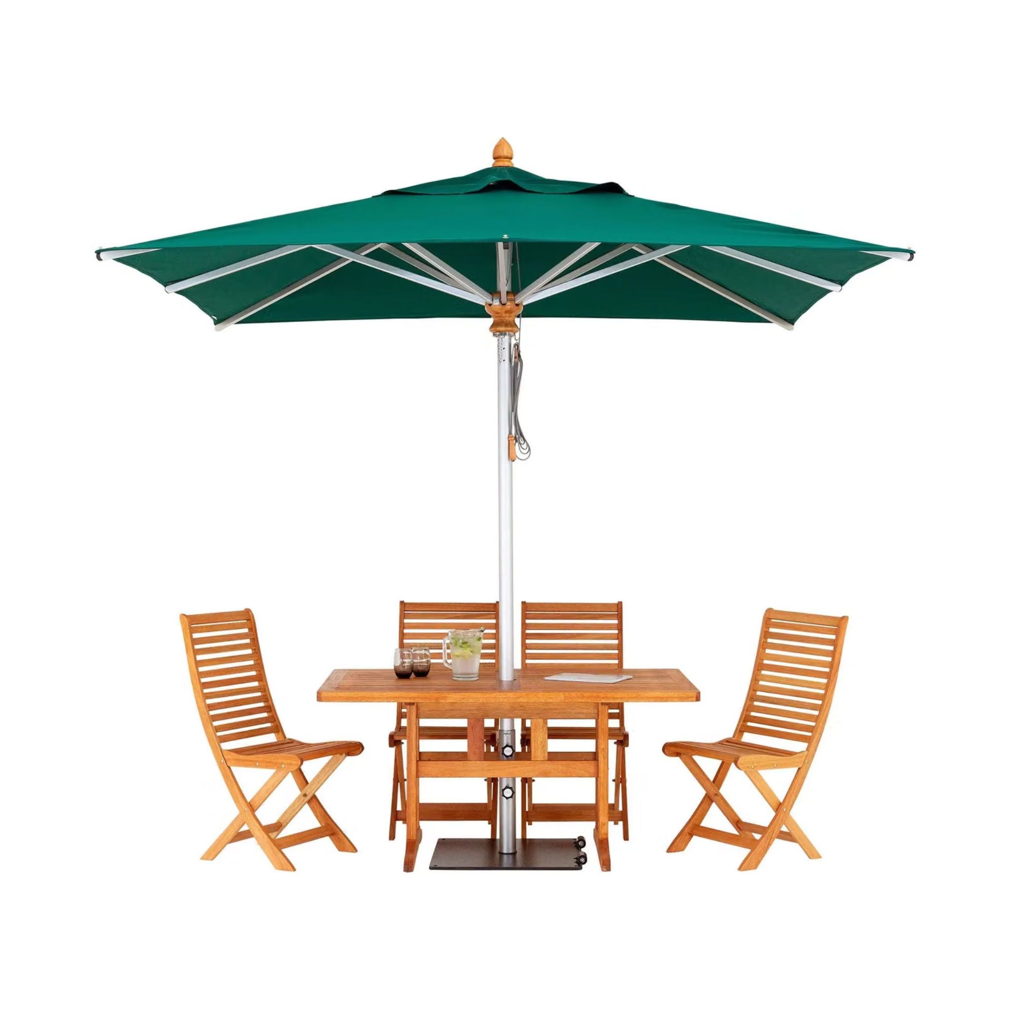 Teak outdoor dining set with a square table, four folding chairs, and a green patio umbrella on a white background.