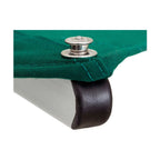 Close-up of a green fabric canopy or tarp corner attached to a silver metal support with a black rubber grommet, on a white background.