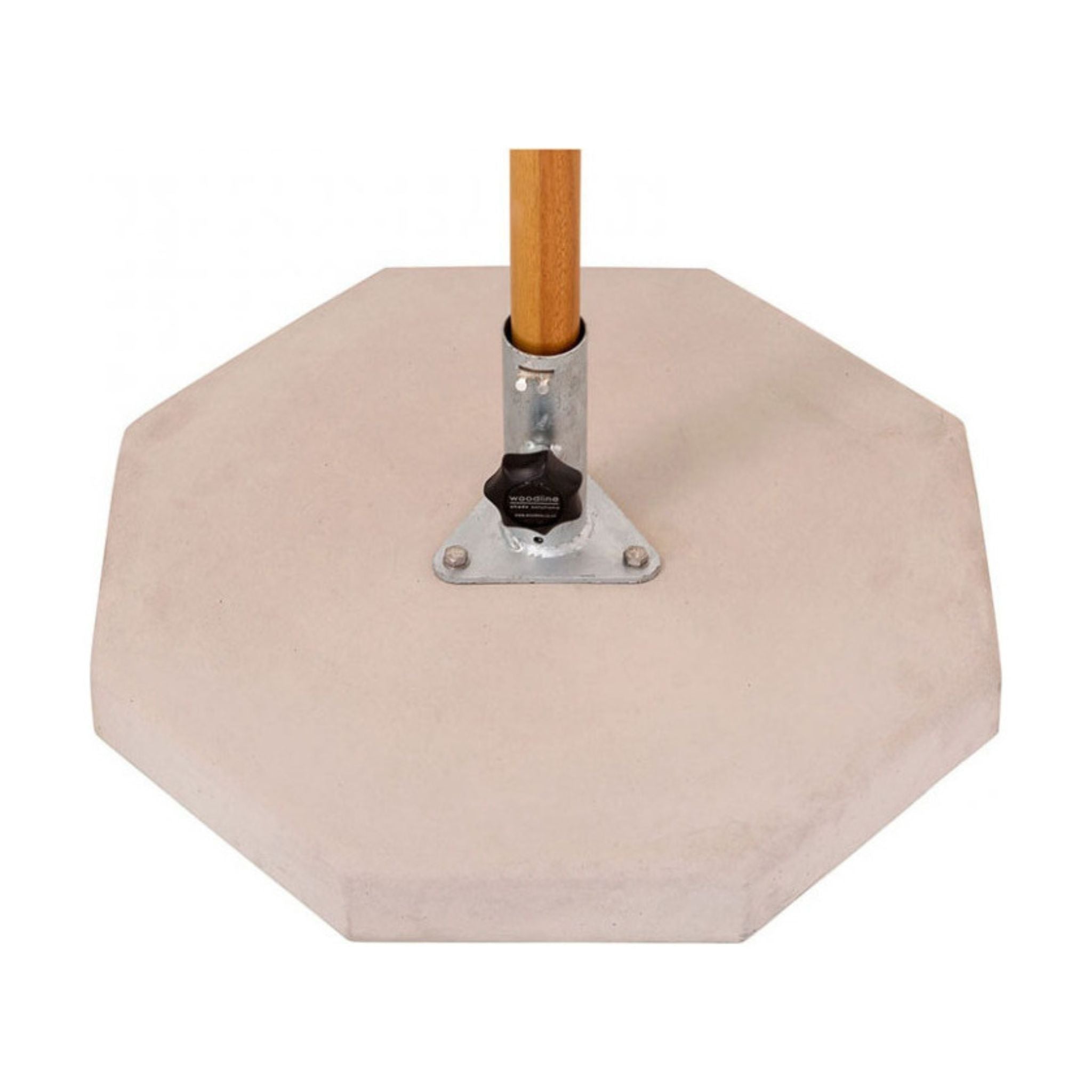 An octagonal concrete leveling base with a metal mounting bracket and a wooden pole inserted, shown on a plain white background.