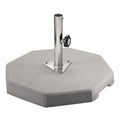 A gray concrete patio umbrella base with a central silver metal pole and a black handwheel for adjustment, shown on a plain white background.