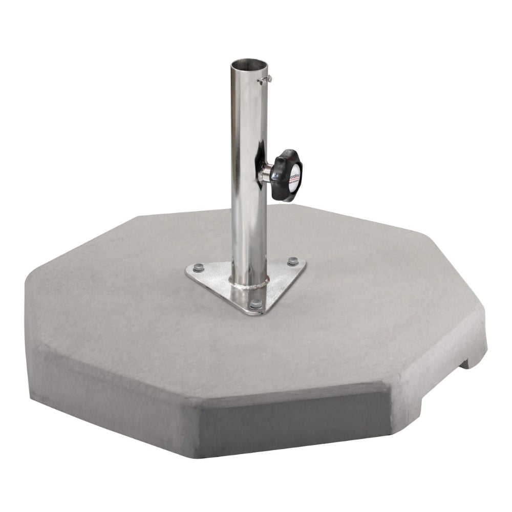 A gray concrete patio umbrella base with a central silver metal pole and a black handwheel for adjustment, shown on a plain white background.