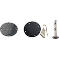 A metal mounting hardware kit on a white background, including two round black plates, a silver cylindrical post with black hardware, and several screws with an Allen wrench.