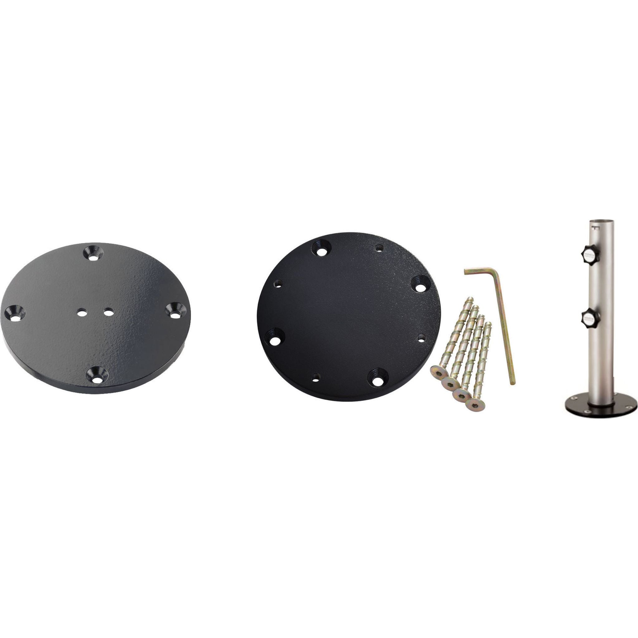 A metal mounting hardware kit on a white background, including two round black plates, a silver cylindrical post with black hardware, and several screws with an Allen wrench.
