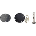 A metal mounting hardware kit on a white background, including two round black plates, a silver cylindrical post with black hardware, and several screws with an Allen wrench.