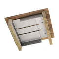 A rectangular outdoor deck mat or tray made of natural wood slats with a central silver metal plate secured by four metal rods and screws, shown on a plain white background.