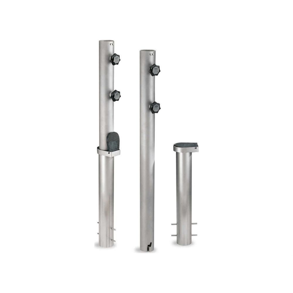 Three stainless steel outdoor post covers or fence posts with black adjustment knobs, shown on a plain white background.