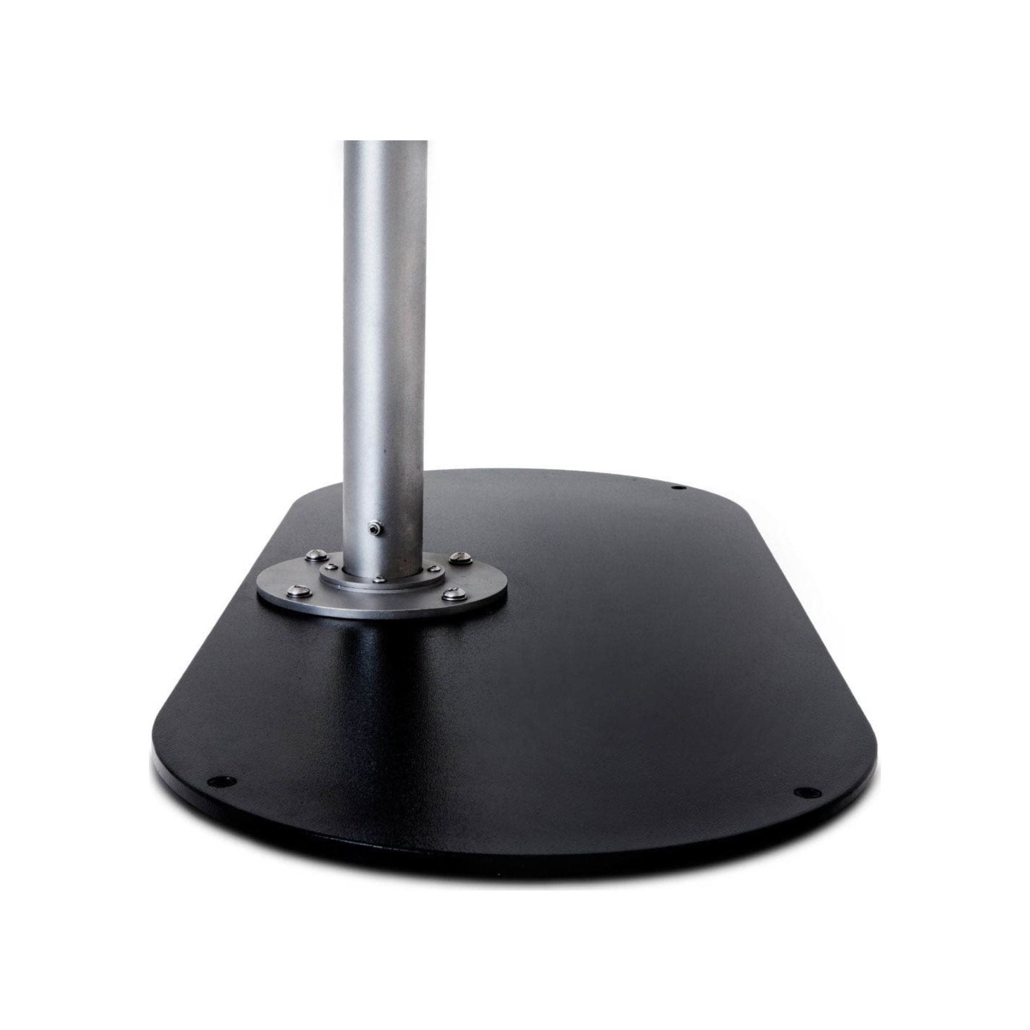 A black metal circular base with a central silver vertical pole and mounting flange, shown on a plain white background.