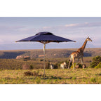 A large navy blue patio umbrella is set up in an open savanna landscape with a giraffe, donkeys, and distant hills under a pale sky.