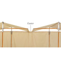 Beige canopy tent with wooden poles and silver metal connectors, featuring a labeled 'Gutter' pointing to the center seam between two angled roof sections.