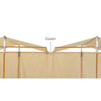 Beige canopy tent with wooden poles and silver metal connectors, featuring a labeled 'Gutter' pointing to the center seam between two angled roof sections.