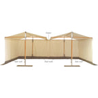 A freestanding market stall canopy with beige sidewalls and a central gutter, shown on a white background with labeled callouts for side wall, end walls, and gutter.