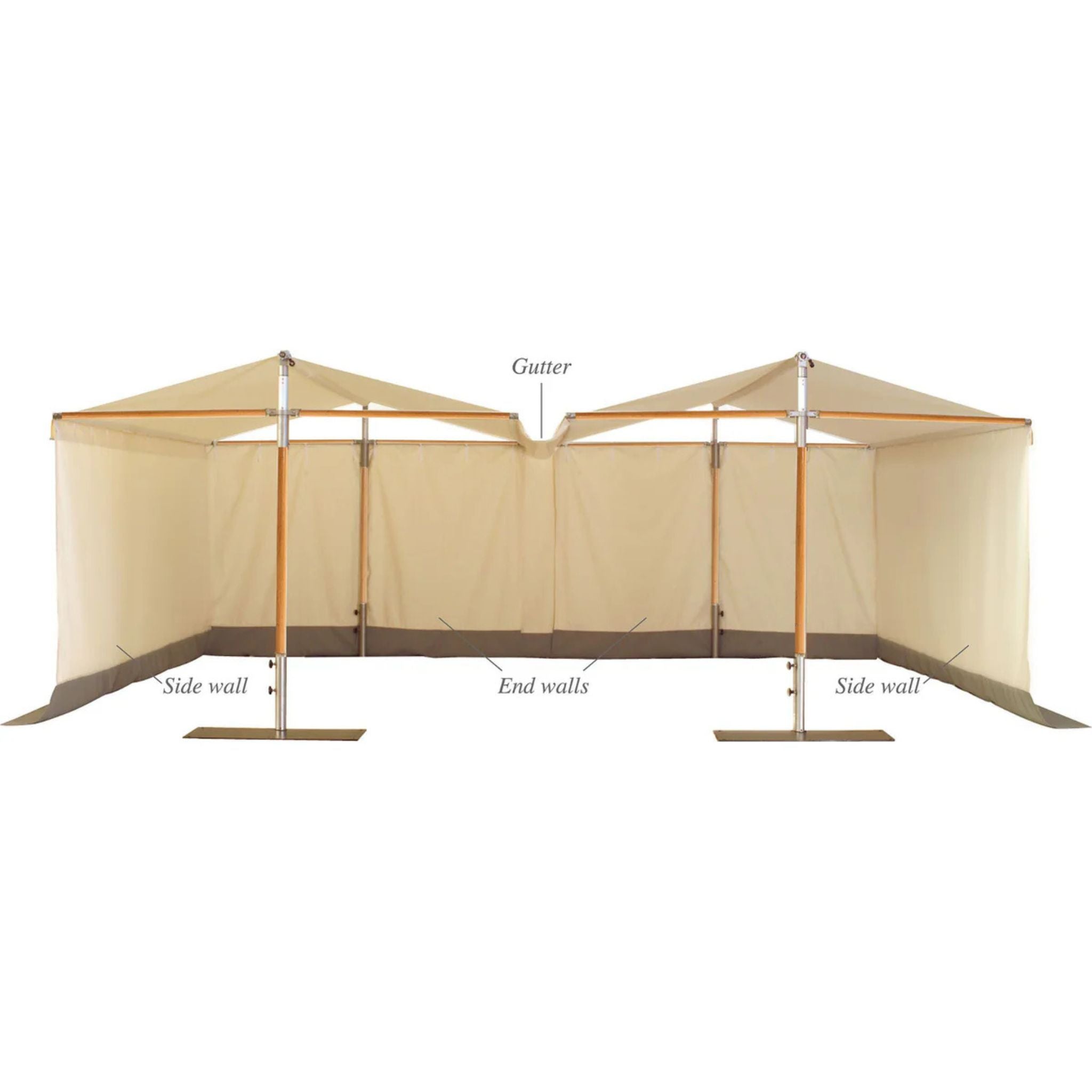A freestanding market stall canopy with beige sidewalls and a central gutter, shown on a white background with labeled callouts for side wall, end walls, and gutter.