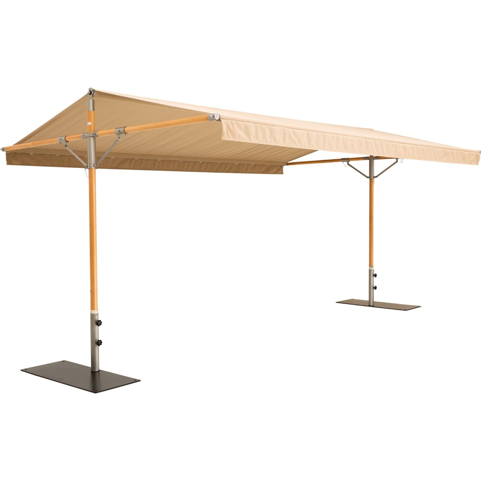 A large patio canopy with a beige fabric roof, supported by two orange-tinted metal poles with black weighted bases, shown against a plain white background.