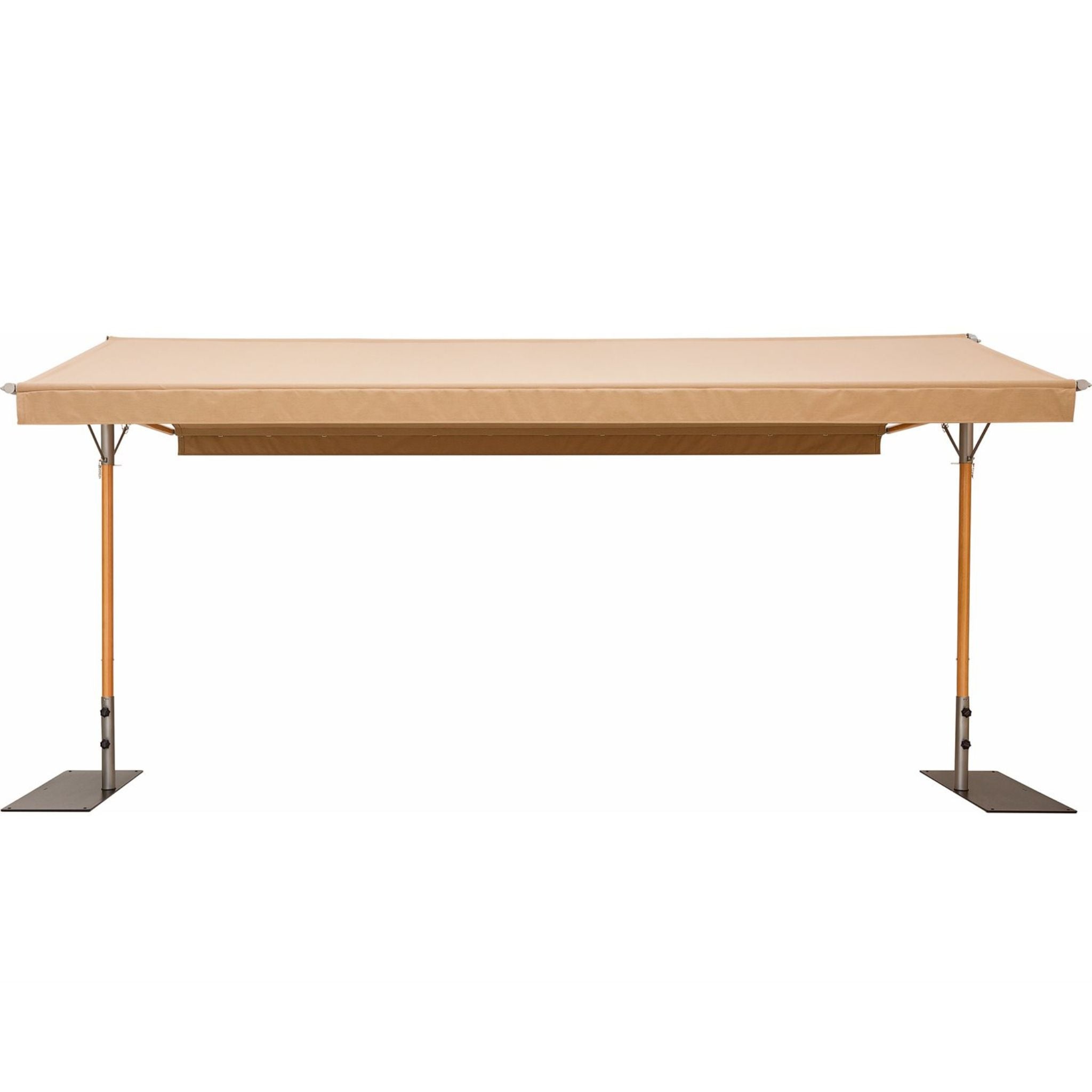 A retractable awning with a beige canopy and orange-brown support poles, shown against a plain white background.