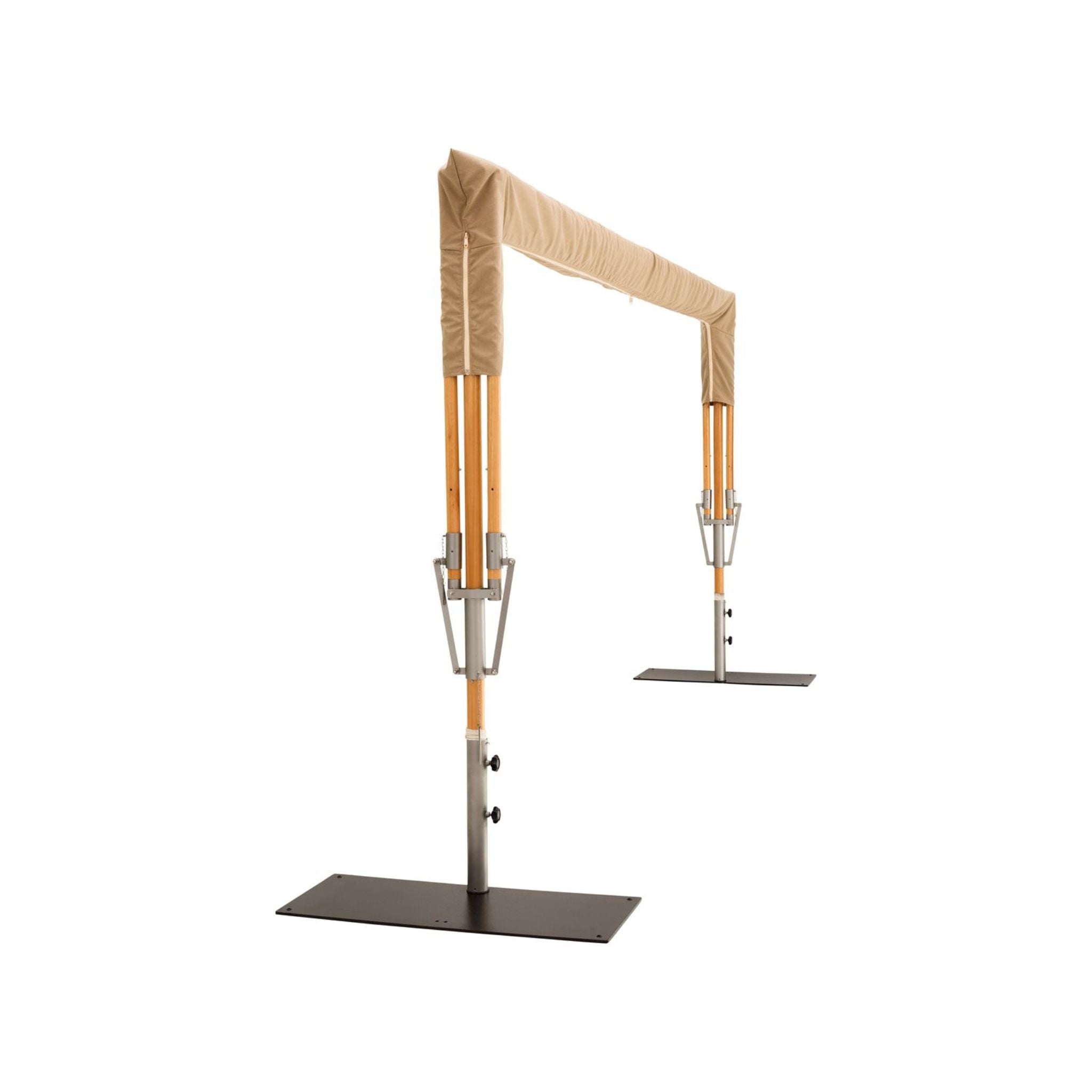 A freestanding rectangular patio umbrella shown open on a white background, with a beige fabric canopy, orange pole sections, silver metal supports, and a dark metal base.