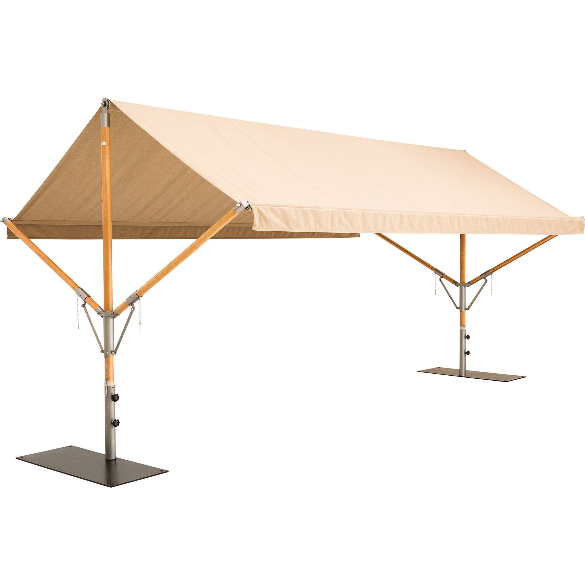 A beige canopy tent with a wooden frame and metal base, shown on a plain white background.