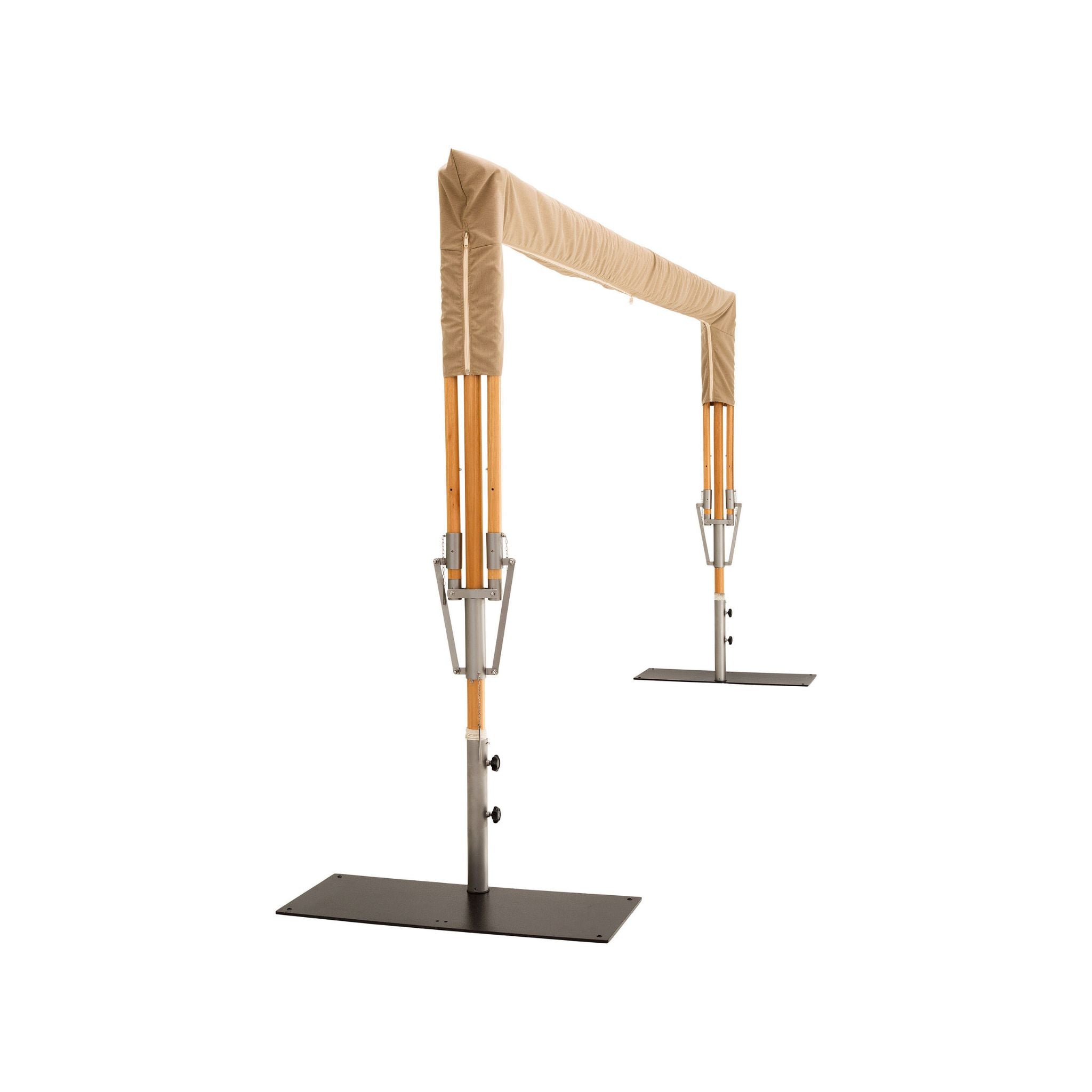 A freestanding arch-style support structure with a beige fabric top, orange-brown vertical supports, silver metal hardware, and dark rectangular base plates, shown on a plain white background.