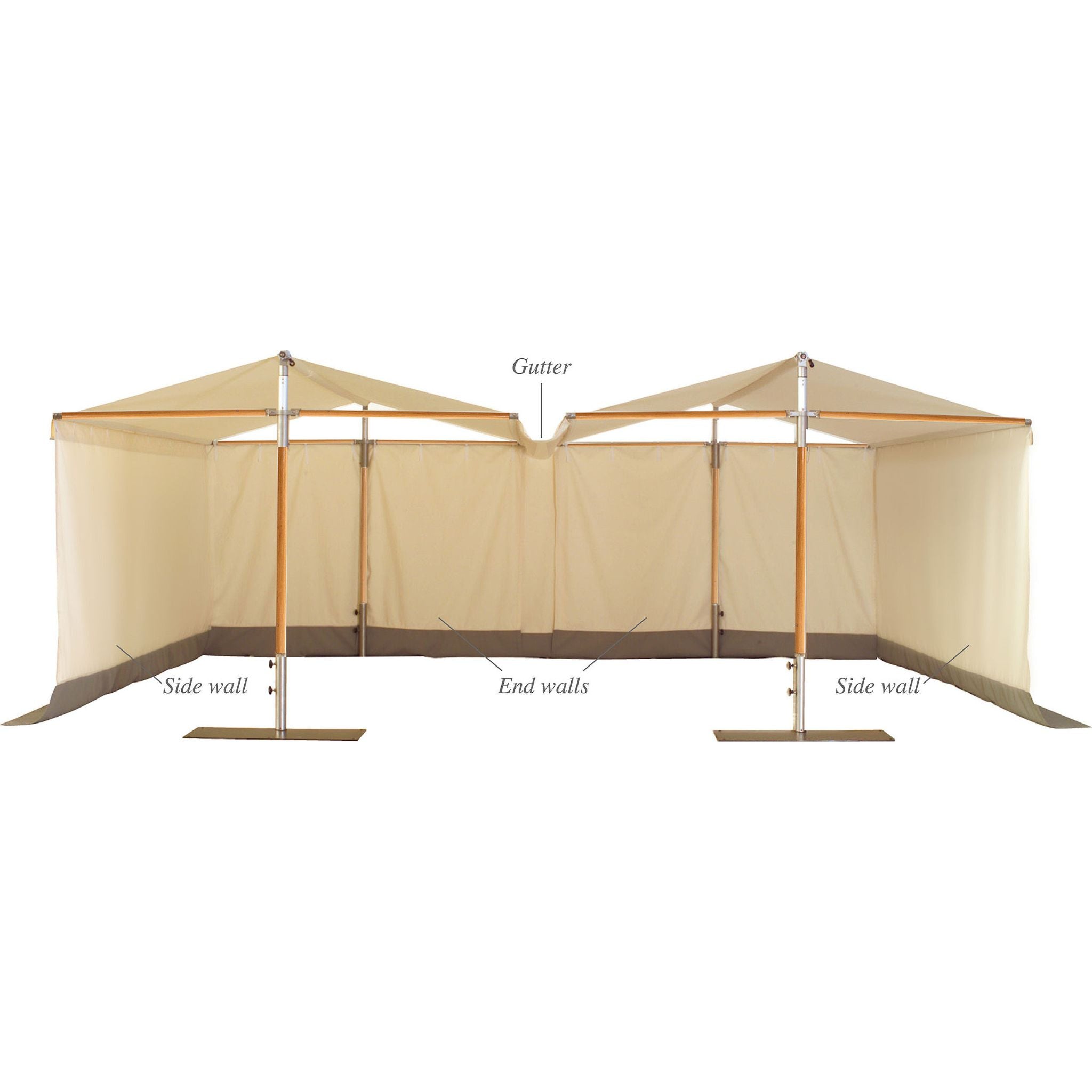 A freestanding market stall canopy with beige sidewalls, orange support poles, and a gray base, shown on a white background with labeled callouts for gutter, end walls, and side wall.