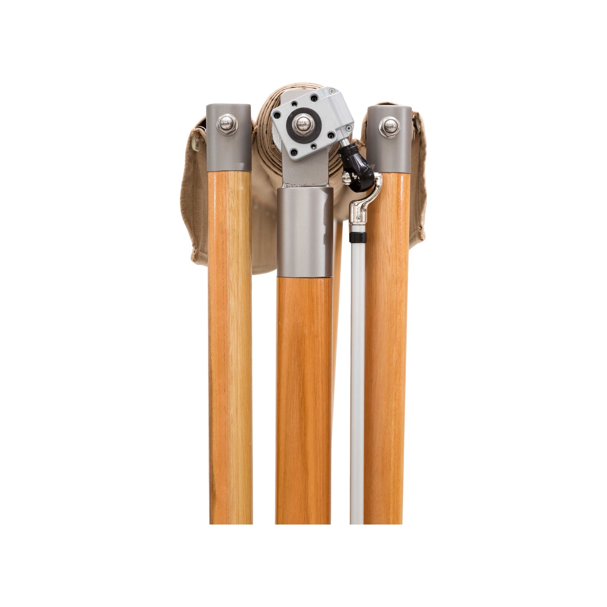 A set of three telescoping garden or lawn tools with light brown wooden handles and silver metal joints, shown against a plain white background.