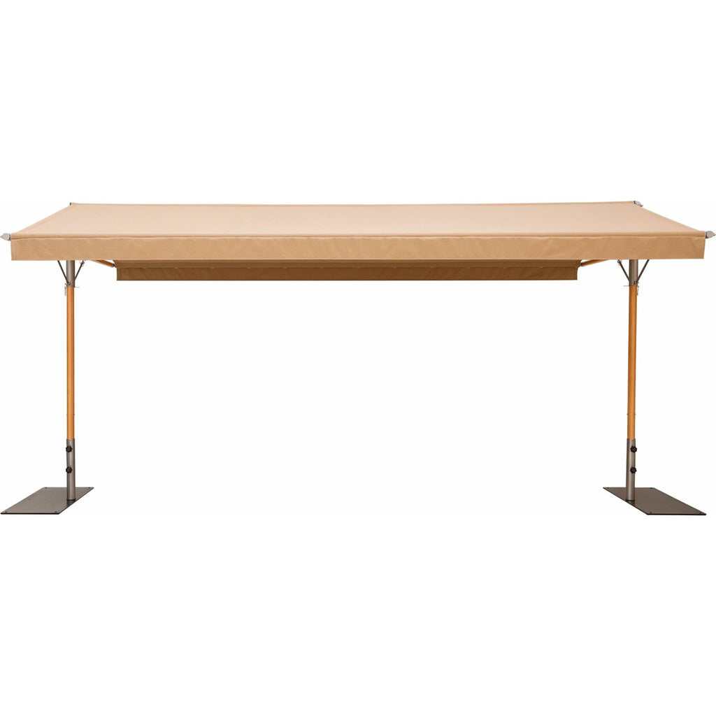 A retractable patio canopy with a beige canvas top and orange-brown metal support poles with flat ground stakes, shown against a plain white background.