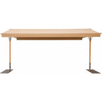 A retractable patio canopy with a beige canvas top and orange-brown metal support poles with flat ground stakes, shown against a plain white background.