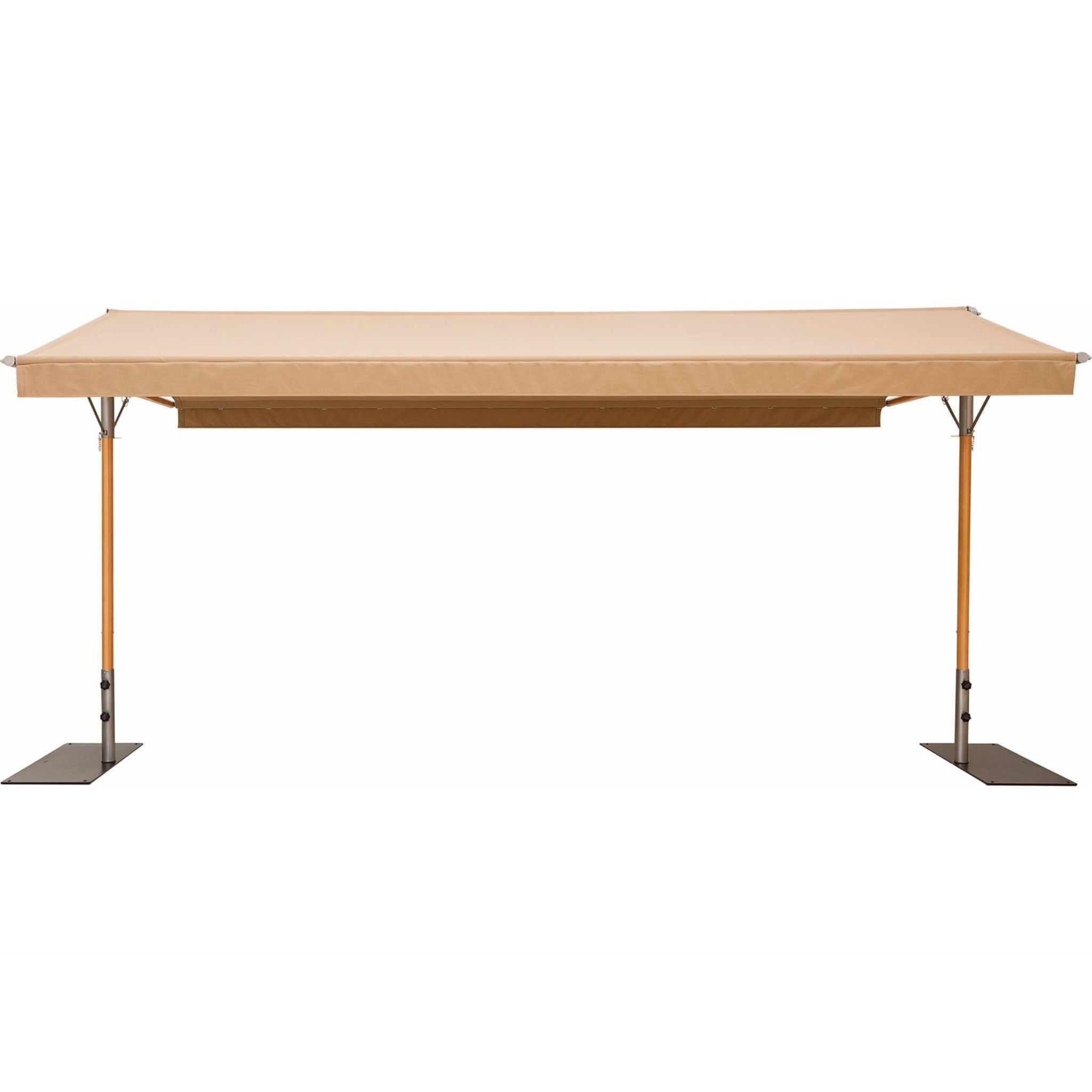A retractable patio canopy with a beige canvas top and orange-brown metal support poles with flat ground stakes, shown against a plain white background.