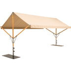 A beige canopy tent with a wooden frame and metal base, shown on a plain white background.