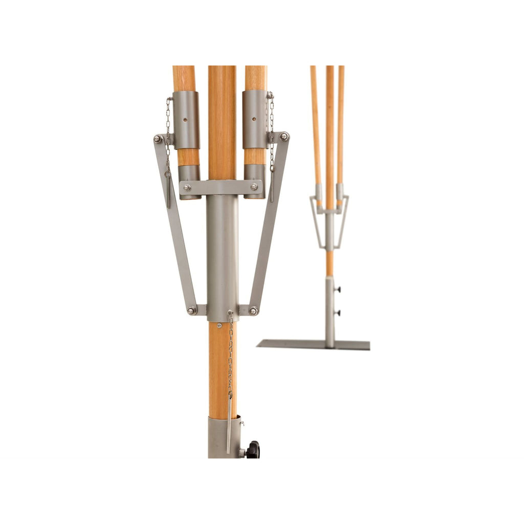 A close-up of a metal and wood flagpole assembly with a central silver pole, two wooden pole sections, and silver mounting brackets, shown on a white background with a smaller inset view of the full assembled flagpole.