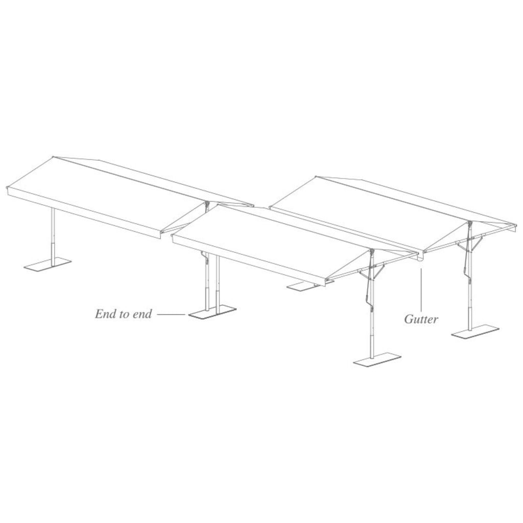 Black and white line drawing diagram of a modular outdoor seating system, showing two connected benches with support legs and labels pointing to 'End to end' and 'Gutter'.