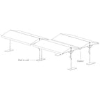 Black and white line drawing diagram of a modular outdoor seating system, showing two connected benches with support legs and labels pointing to 'End to end' and 'Gutter'.
