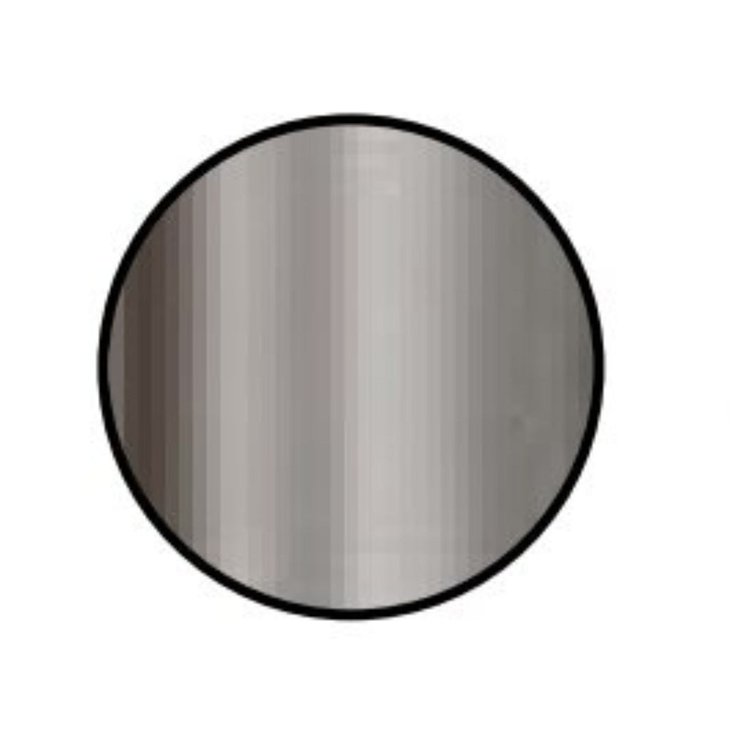 A round mirror with a black frame, showing a reflective silver surface, isolated on a white background.