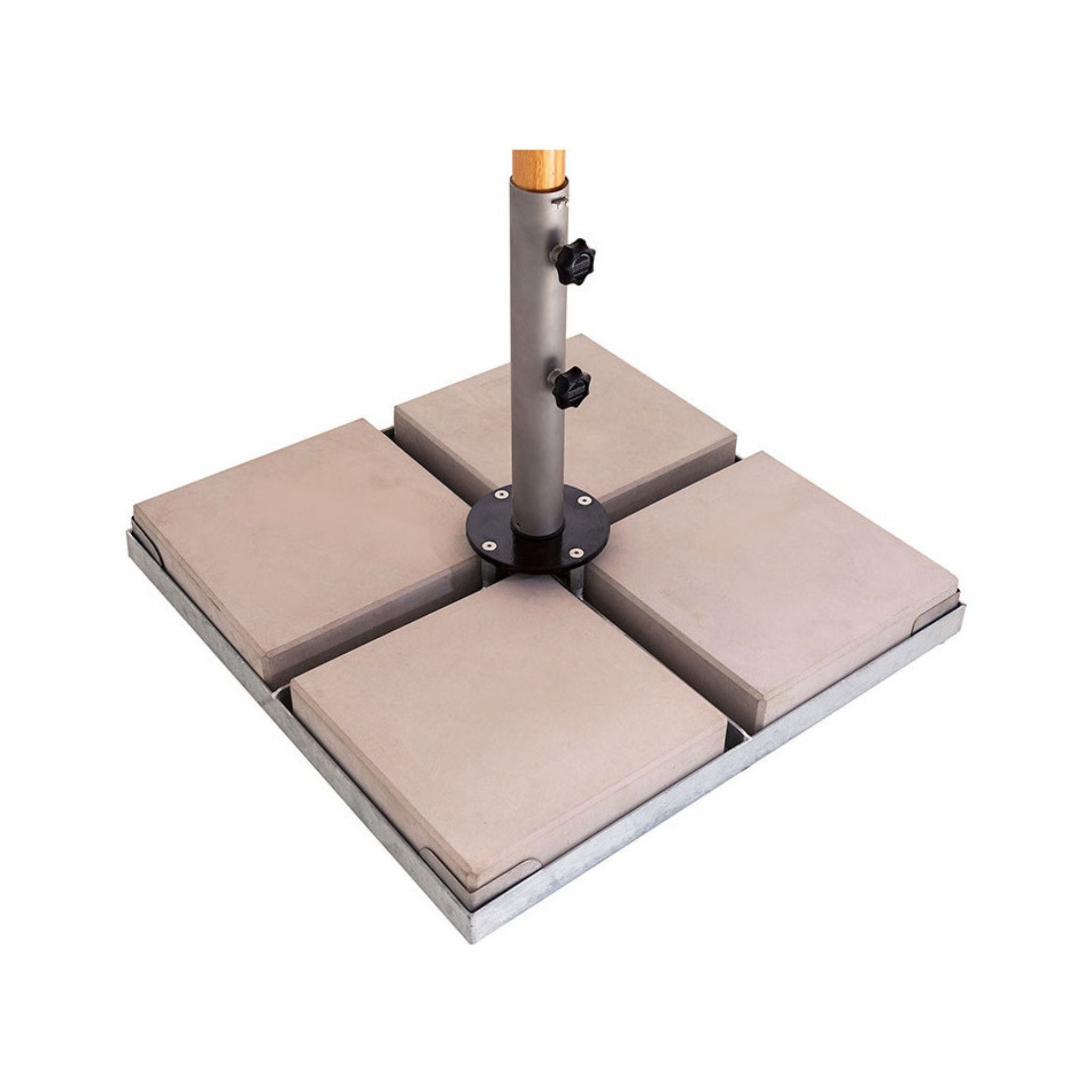 A square concrete patio weight anchor base with four beige pads on a silver metal frame, featuring a central silver pole with a black base plate and an orange top cap, shown on a white background.