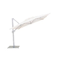 A cantilever-style outdoor patio umbrella with a white canopy and a silver metal pole and base, shown on a plain white background.
