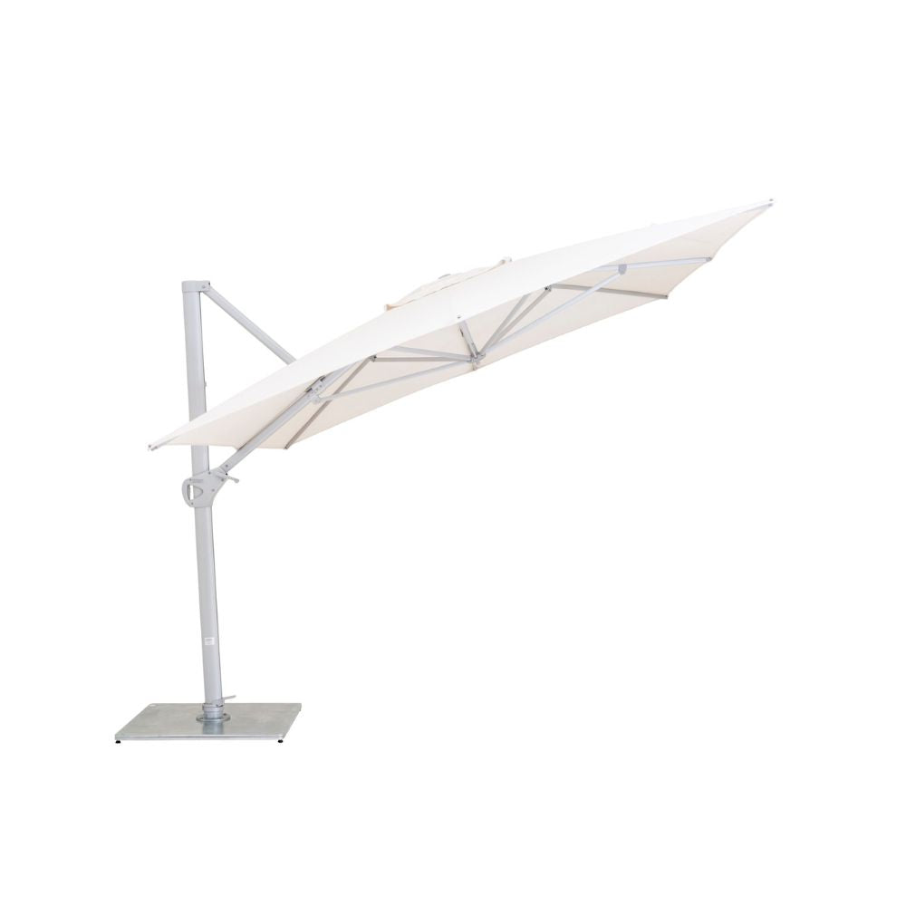 A cantilever-style outdoor patio umbrella with a white canopy and a silver metal pole and base, shown on a plain white background.