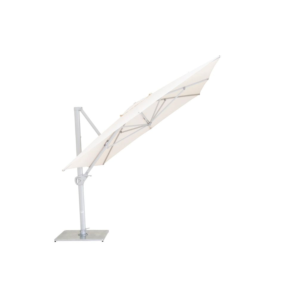 A cantilever-style patio umbrella with a light beige canopy and a silver metal frame and base, shown on a plain white background.
