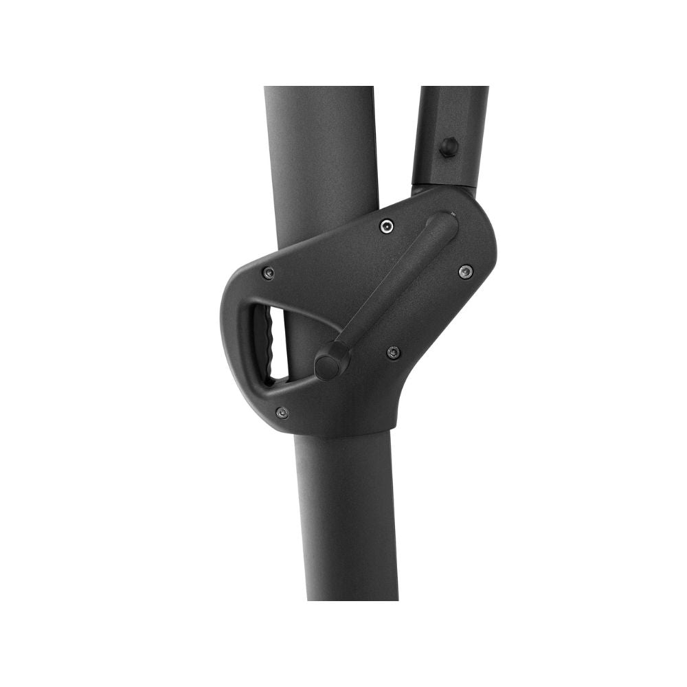 Close-up of a black metal frame joint with a plastic quick-release clamp and visible screws, isolated on a white background.