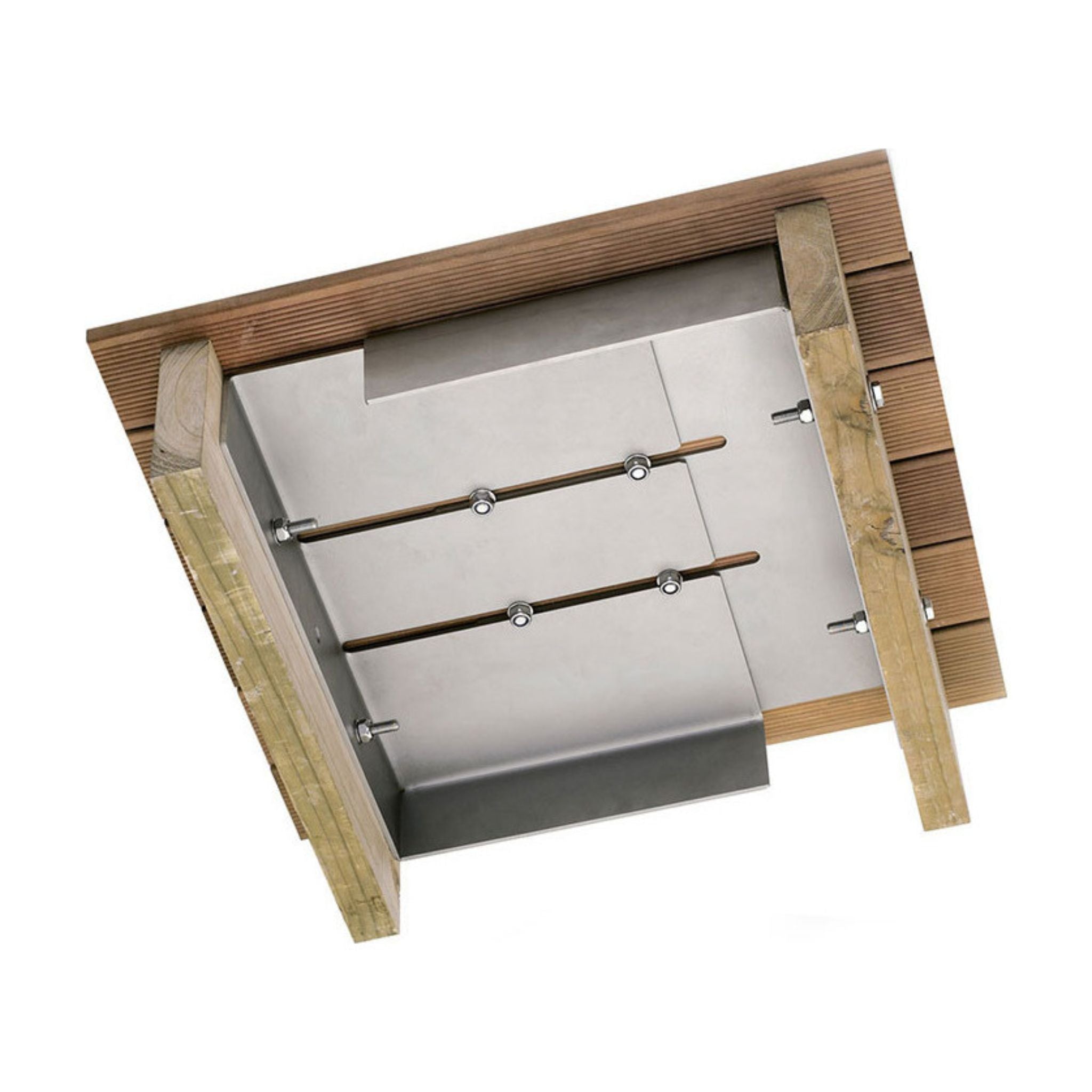 A rectangular outdoor deck mat or tray made of natural wood slats with a central silver metal plate secured by four metal rods and screws, shown on a plain white background.