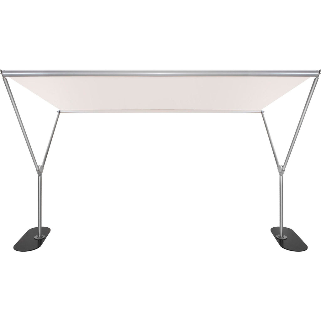 A rectangular pop-up canopy tent with a light beige fabric top and a silver metal frame supported by two legs with black oval feet, shown against a plain white background.