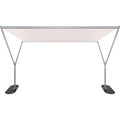 A rectangular pop-up canopy tent with a light beige fabric top and a silver metal frame supported by two legs with black oval feet, shown against a plain white background.