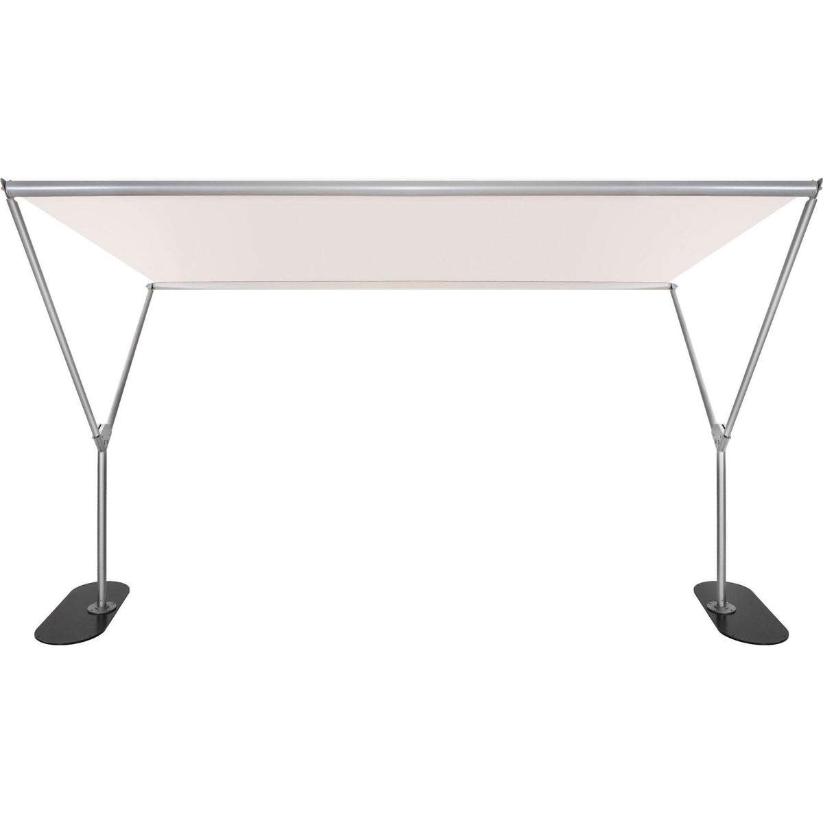 A rectangular pop-up canopy tent with a light beige fabric top and a silver metal frame supported by two legs with black oval feet, shown against a plain white background.