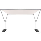 A rectangular pop-up canopy tent with a light beige fabric top and a silver metal frame supported by two legs with black oval feet, shown against a plain white background.