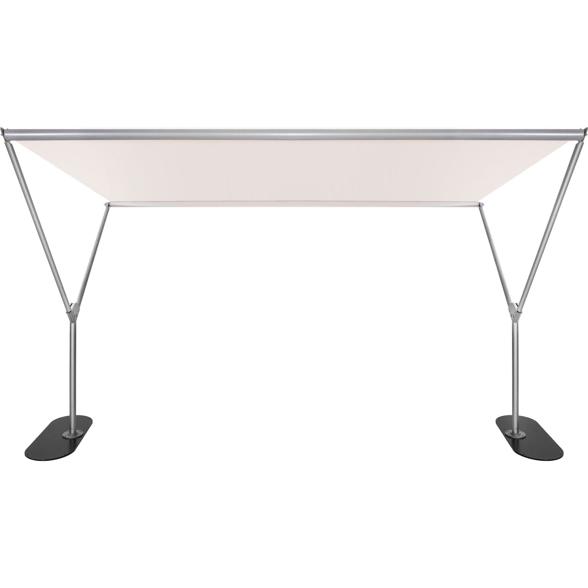 A rectangular pop-up canopy tent with a light beige fabric top and a silver metal frame supported by two legs with black oval feet, shown against a plain white background.