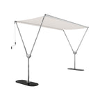 A modern pop-up canopy tent with a white fabric roof and a silver metal frame, supported by two black oval bases on a solid white background.